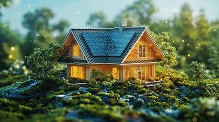 Smart Home Concept: A cottage in greenery illustrates the concept of a connected, tech-integrated home.