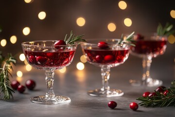 Elegant cranberry cocktails with rosemary garnish in crystal glasses, glowing bokeh lights in background.