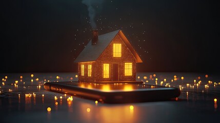 Smart Home Concept: A digitally rendered house floating above a smartphone, surrounded by electric lights.