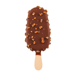 Chocolate-coated ice cream bar with crunchy toppings on a plain background