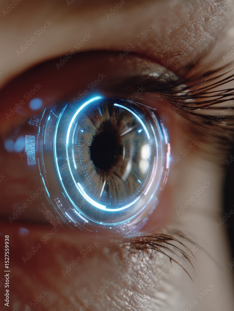 Poster close-up of glowing human iris with futuristic overlay showcasing technological visuals and intricat