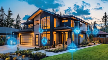 Smart Home Technology: A modern home intertwined with digital systems, symbolizing the future of living.