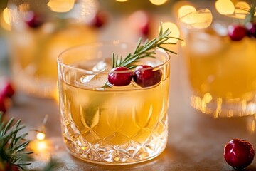 Golden holiday cocktail with ice, cranberries, and rosemary garnish in crystal glass with festive lights.