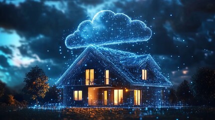 Smart Home Technology Concept: Digital Rendering of a House Connected to a Cloud for Future Living