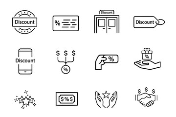 Discount line icon set. Sale, percentage, price reduction, black friday, coupon, purchase, shop, store, promotion, e-commerce, offer, price card symbol icons. Editable vector illustration