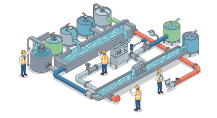 Industrial water treatment system with engineers in safety gear vector illustration