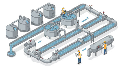 Workers in a water treatment plant overseeing filtration process in industrial facility vector illustration