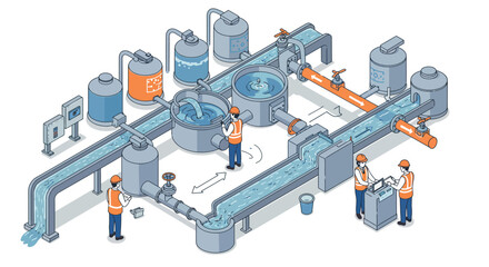 Detailed illustration of modern water treatment process workflow vector illustration