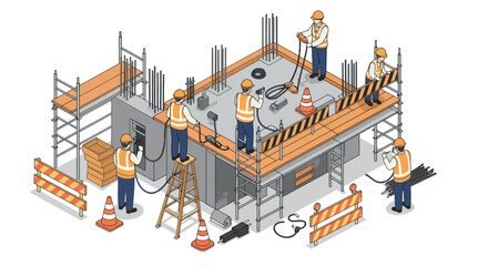 Male construction workers building structure with tools and safety gear vector illustration