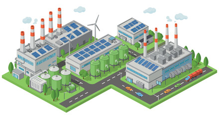Sustainable industrial plant with solar panels wind energy hydrogen tanks and greenery vector illustration