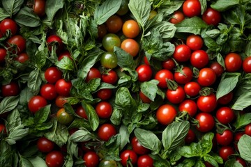 Fresh cherry tomatoes and green basil leaves arranged in a vibrant, colorful, and healthy composition.