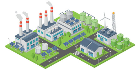 Sustainable industrial park with renewable energy and eco-friendly facilities vector illustration