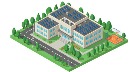 Modern eco-friendly school with solar panels and basketball court in lush green environment vector illustration