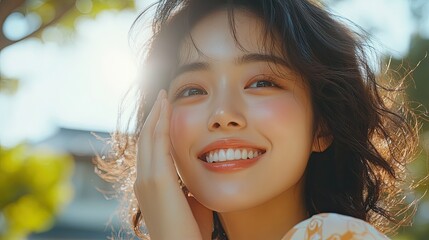 Smiling woman applying skincare product in a bright, natural setting, showcasing Korean skincare.