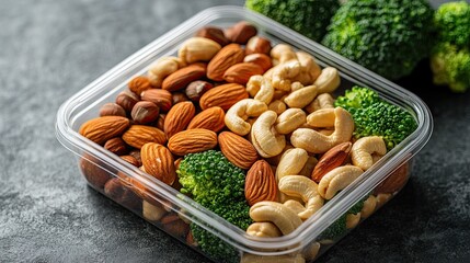 Snack tray with assorted nuts and broccoli in clear container for balanced meals and appetite control.