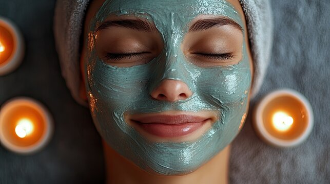Smiling young woman enjoying a facial mask, glowing skin, relaxed vibe, ideal for beauty and wellness promotion.