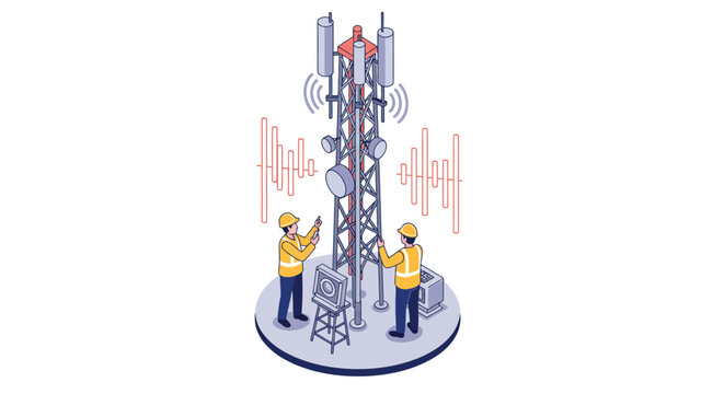 Technicians maintaining telecommunication tower with signal waves and equipment vector illustration