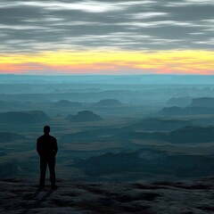 Silhouette figure gazes at vast landscape
