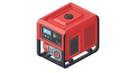Isometric red portable generator with digital control panel on white background vector illustration