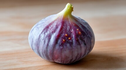 Fototapeta premium A single ripe fig with a purple exterior and green stem, resting on a wooden surface.