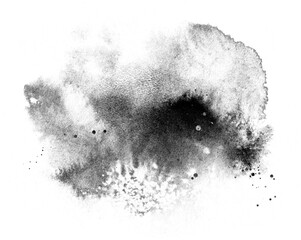 Obraz na płótnie Canvas Abstract ink blob, grunge art. Black paint stroke texture on white paper in marble style. Wallpaper design. Hand drawn watercolor isolated illustration on white background