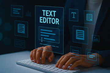 Developer types code in a text editor. Hands interact with syntax highlighting, tabs, and plugins...