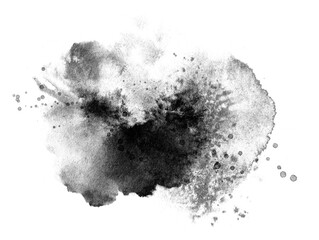 Fototapeta na wymiar Abstract ink blob, grunge art. Black paint stroke texture on white paper in marble style. Wallpaper design. Hand drawn watercolor isolated illustration on white background