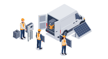 Solar technicians installing panels and equipment on white van vector illustration