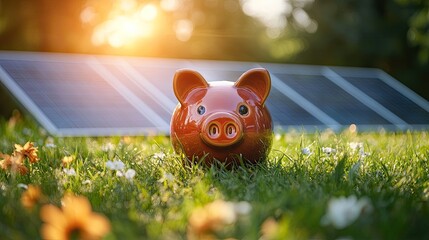 Solar Panels Supporting a Piggy Bank, Symbolizing Renewable Energy Savings in a Green Outdoor Setting