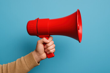 Person holding red megaphone, surrounded by cheering crowd at outdoor rally. Bright blue sky in background.