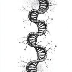 Black and white hand-drawn DNA double helix with artistic splatter effects on a clean white background.