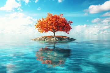 Vibrant red autumn tree on a small rocky island surrounded by crystal-clear blue water and sky reflection.
