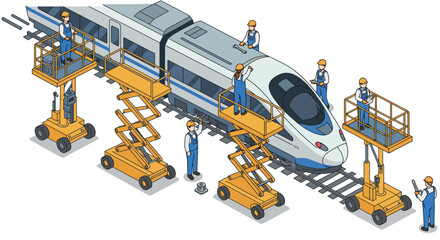 Engineers maintaining high-speed train with lifts on railway vector illustration © Santiago