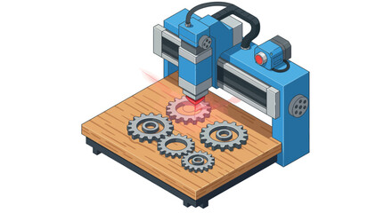 Isometric cnc machine engraving wooden gears in workshop vector illustration