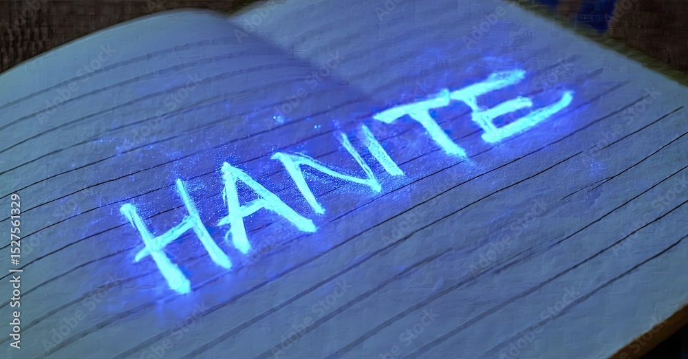 Poster Open notebook displays glowing word HANITE. Lines suggest handwritten text. Dark background emphasizes bright illumination.