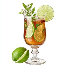 Refreshing iced tea garnished with lime slices and sprigs of mint flowers.