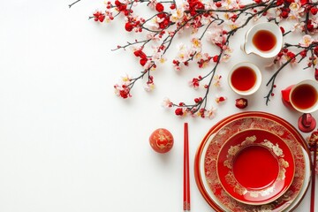 Traditional Chinese tea set with red plates and cherry blossoms arranged for festive celebration.