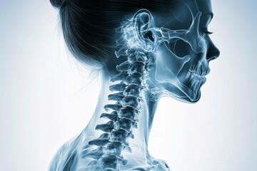 X-ray image showing side view of female head, cervical spine and skull in high detail.