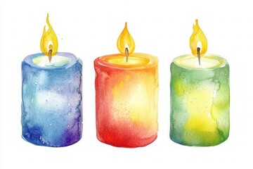 Watercolor illustration of three colorful burning candles in blue, red, and green on white background.