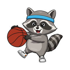 A Cute Raccoon Playing Basketball Wearing a Blue Headband Clipart - Cartoon Animal Athlete