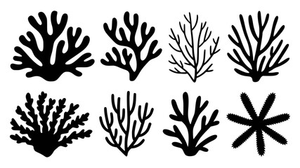 Silhouette collection of various coral and seaweed elements