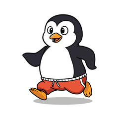 Cute Running Penguin Clipart in Orange Shorts - Cartoon Animal Illustration