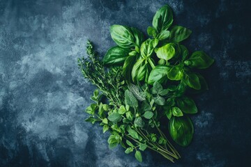 Fresh green basil, mint, sage and thyme herbs on dark stone background, perfect for cooking use.