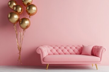 Pink room with gold balloons and sofa