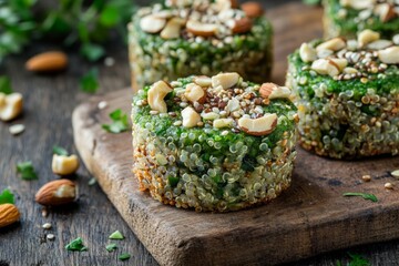 Green quinoa patties with nuts and seeds on rustic wooden board, healthy vegan food full of texture.