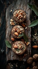 Healthy quinoa patties with assorted nuts and seeds served on rustic wood, natural vegan food style.