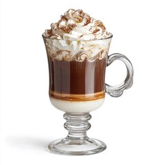 Glass mug of irish coffee with whipped cream and cocoa powder on white background.