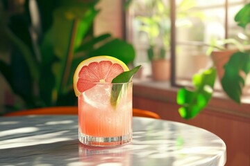 Refreshing grapefruit cocktail with ice and lime leaf in glass on sunny table with green plant decor.