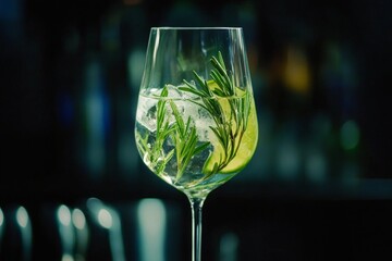 Elegant cocktail with rosemary, lime slices and ice in wine glass on dark background, refreshing drink.