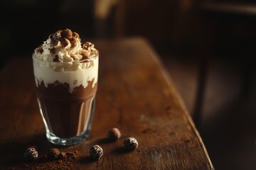 Glass of hot chocolate with whipped cream, cocoa powder and truffles on wooden table in warm light.